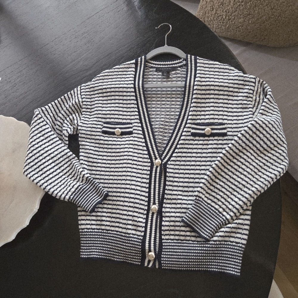 Tahari Navy White Striped Cardigan M Coastal Trend Old Money Model Off Duty Prep